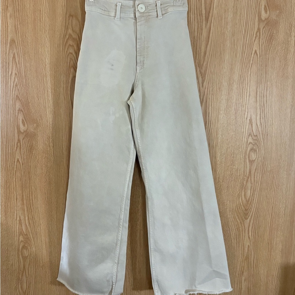 Zara ‘Marine’ Cream High Rise Wide-Leg Flare Raw Hem Jeans